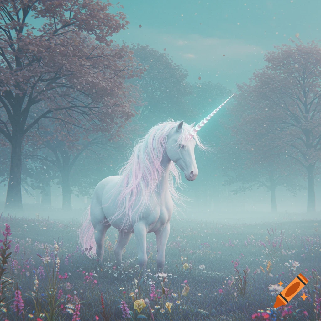 A white unicorn with a pink mane stands in a misty field of colorful wildflowers and trees.