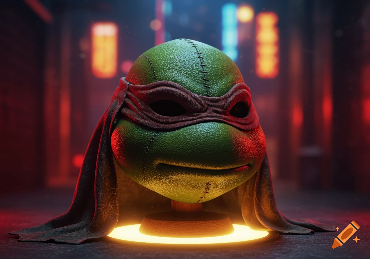 A close-up 3D render of a green Teenage Mutant Ninja Turtle mask with a red bandana, lit from below with a glowing yellow light, against a dark, neon-lit background.