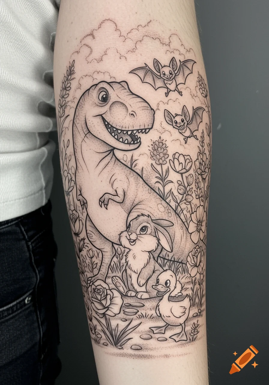 Black and white tattoo design on an arm of a smiling T-Rex, bunny, duckling, and two bats in a whimsical garden with flowers.