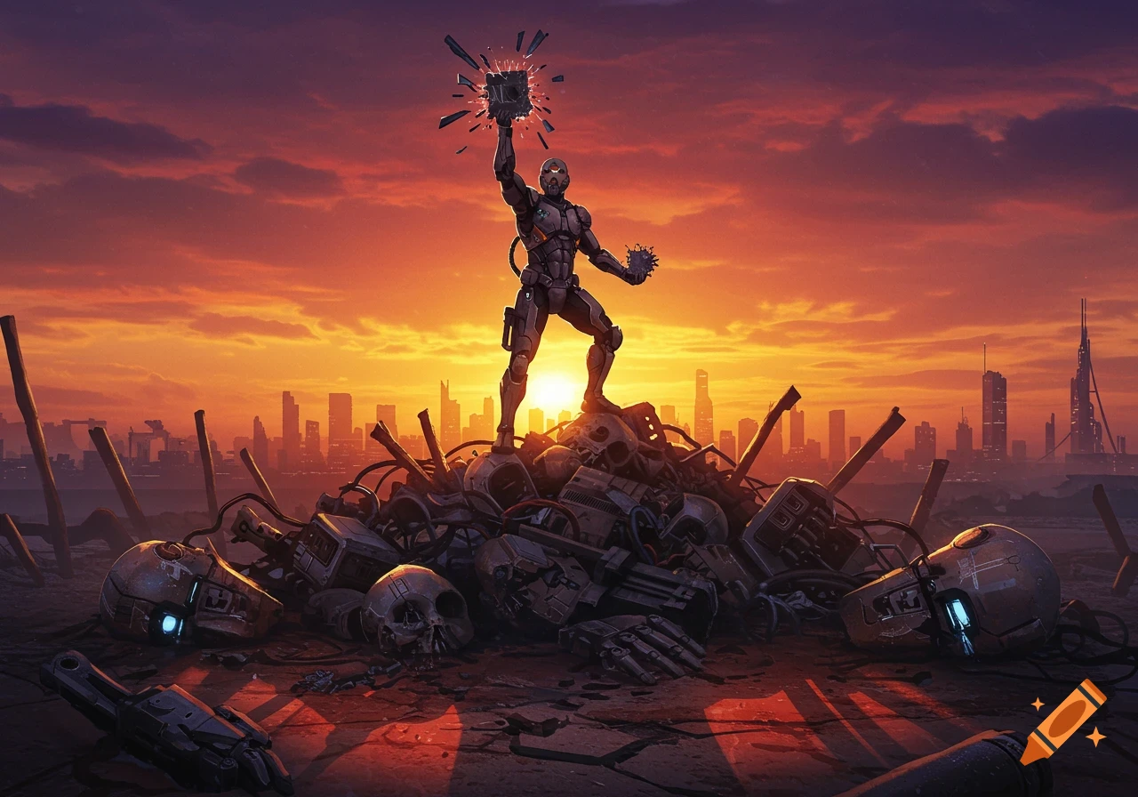 A futuristic warrior stands triumphantly on a pile of destroyed robots and skulls, holding a shattered glowing cube against a sunset city skyline.