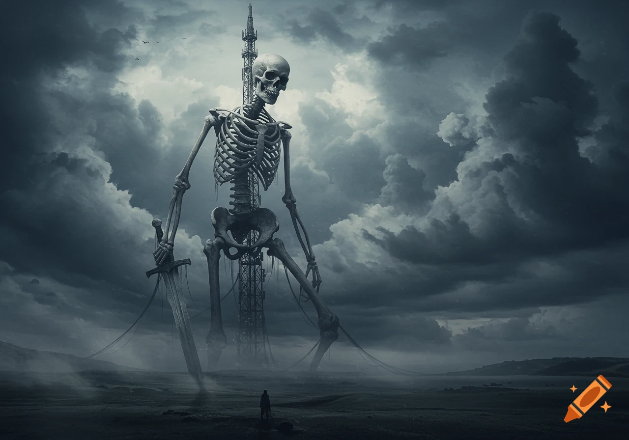 A giant skeleton holding a sword, with its spine merging into a radio tower, stands over a tiny figure in a desolate landscape under a cloudy sky.