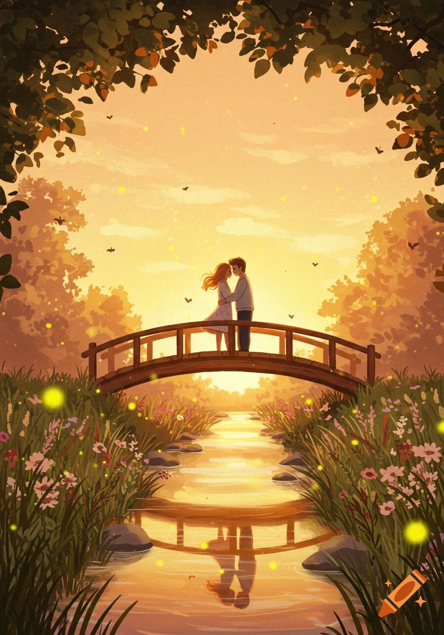 A couple embraces on a wooden bridge over a river, surrounded by trees and wildflowers, under a golden sunset sky with fireflies.
