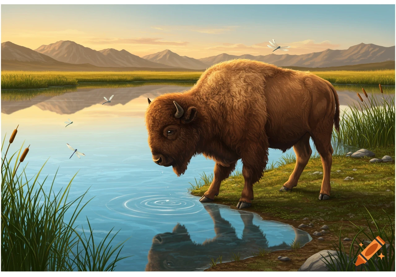 A brown buffalo dips its nose into a calm lake at sunset, with mountains and grasslands in the background, in an illustrative style.