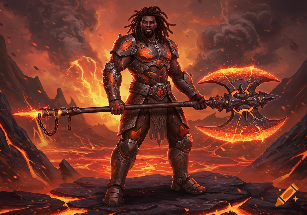 Muscular Black warrior with dreadlocks in glowing armor, holding a fiery axe in a volcanic landscape. Bold fantasy art.