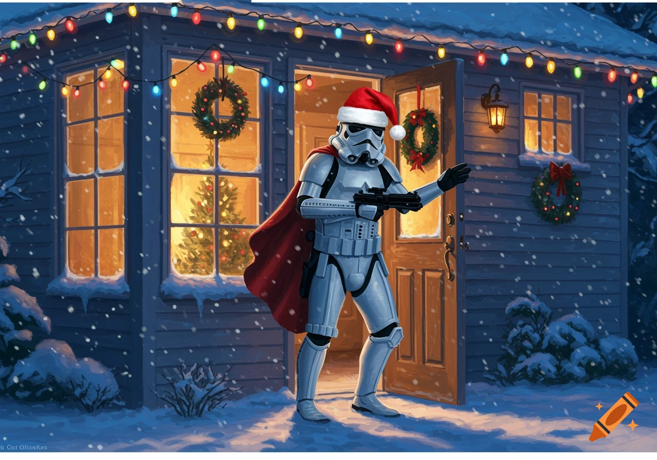 A Star Wars Stormtrooper in a Santa hat and red cape stands outside a snow-covered house decorated for Christmas.