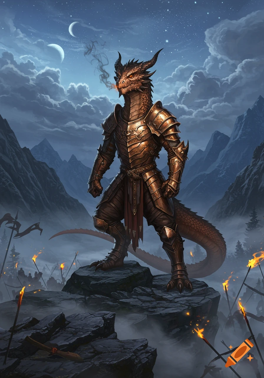 A majestic dragonborn knight in ornate golden armor stands atop a mountain at night, breathing smoke, with a starry sky and two moons visible above.