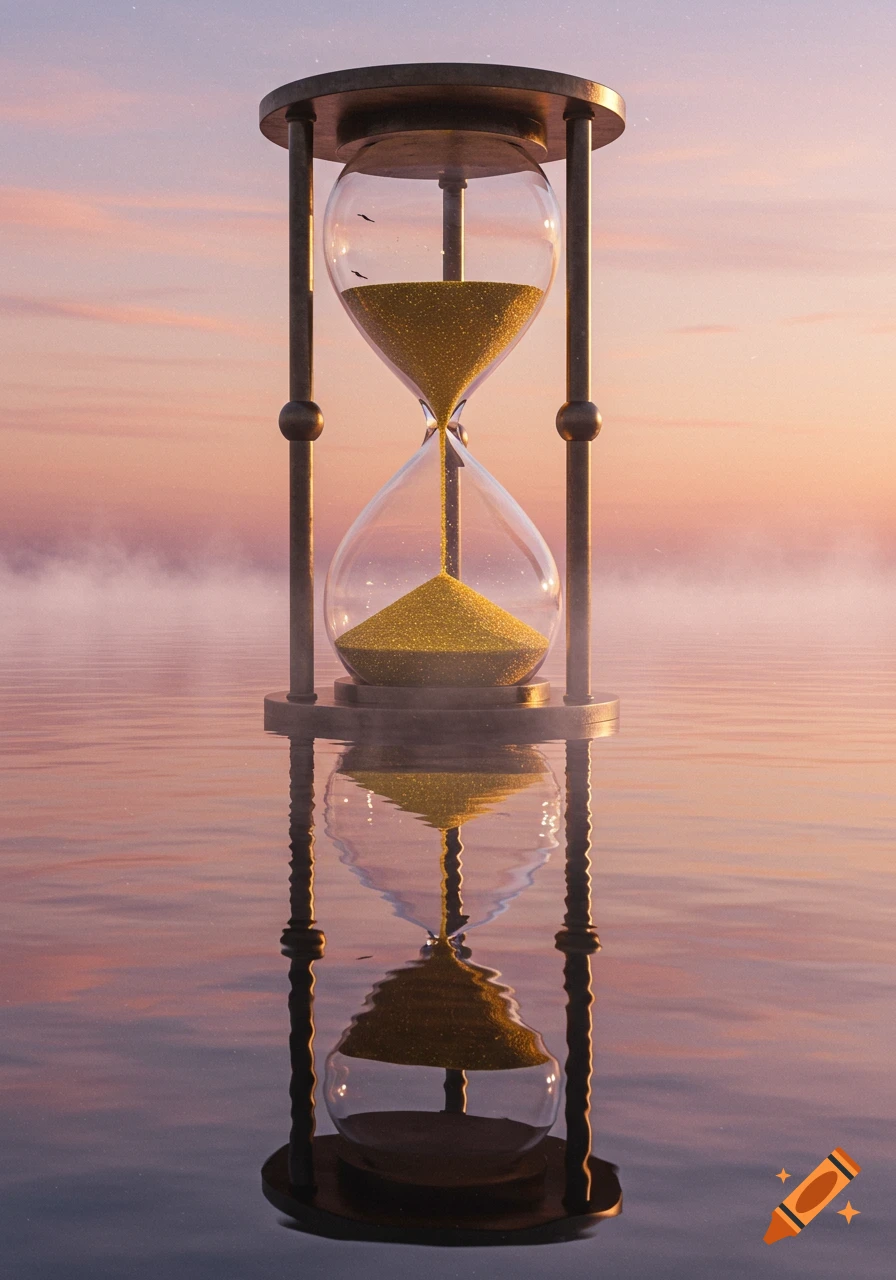 A large hourglass with golden sand sits in calm water, reflecting a pink and orange sunset sky. Photorealistic.