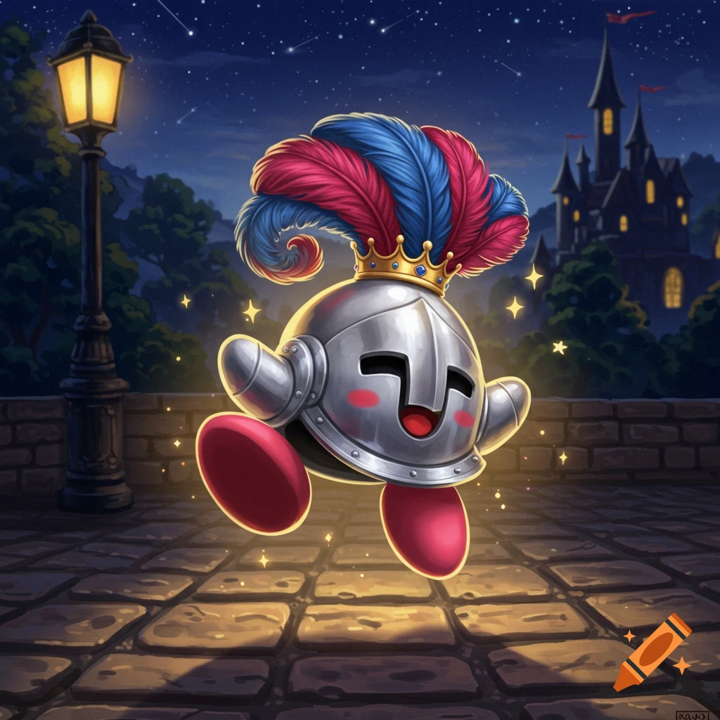 A cute, Kirby-like medieval helmet character with a feathered plume floats on a stone path at night, with a lamppost and castle.