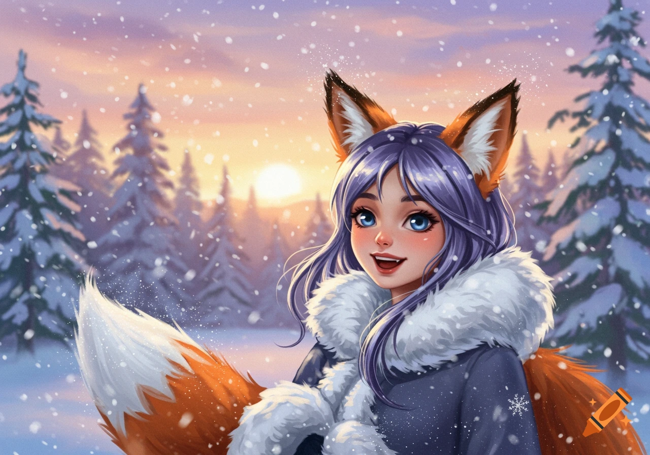 Anime fox girl with purple hair and blue eyes in a fur-trimmed coat stands in a snowy forest at sunset.
