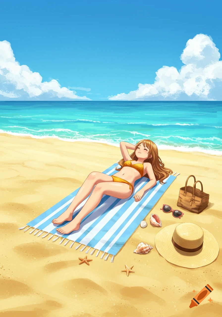 An anime girl in a yellow swimsuit sunbathing on a striped towel at a sunny beach.