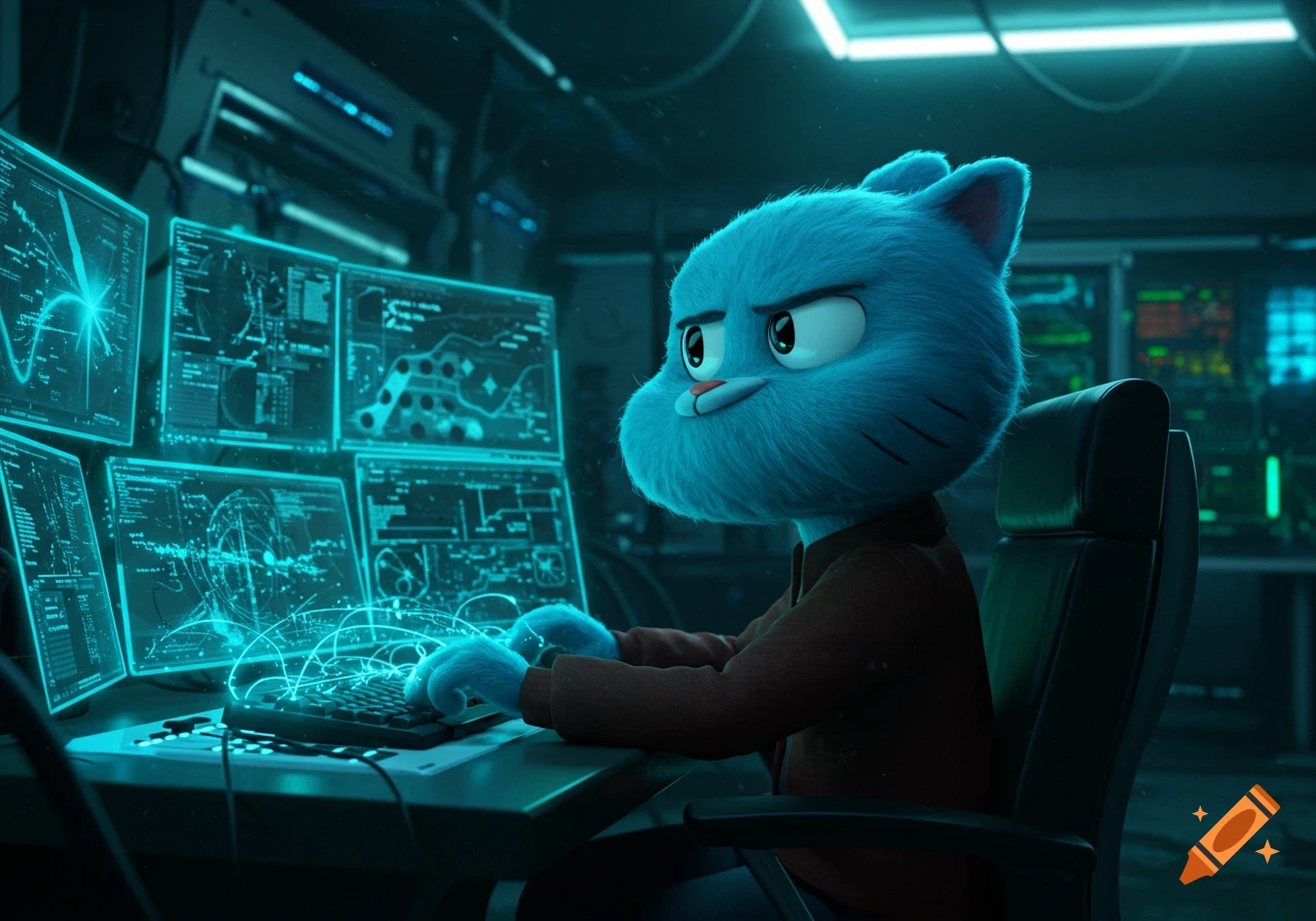 Blue furry cat character, Gumball, intensely typing on a keyboard in a dark room surrounded by glowing computer screens with data.