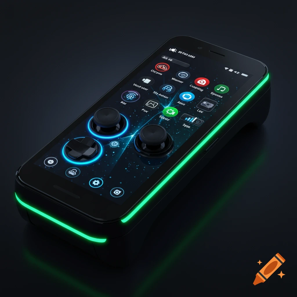 A sleek, black smartphone-like device with integrated joysticks and a D-pad on its glowing screen, accented with bright green illuminated edges.