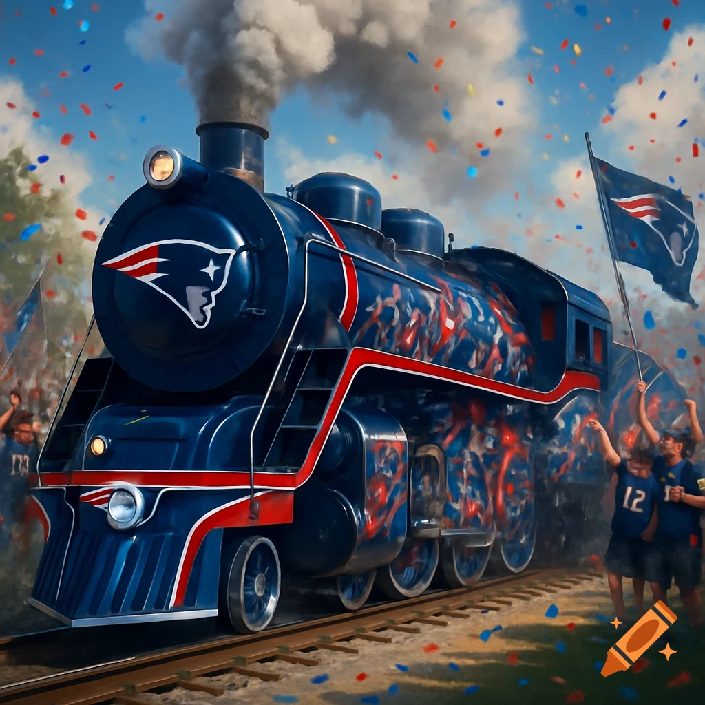 A blue, red, and silver train with the NFL Patriots logo and themed artwork, surrounded by cheering fans and falling confetti.