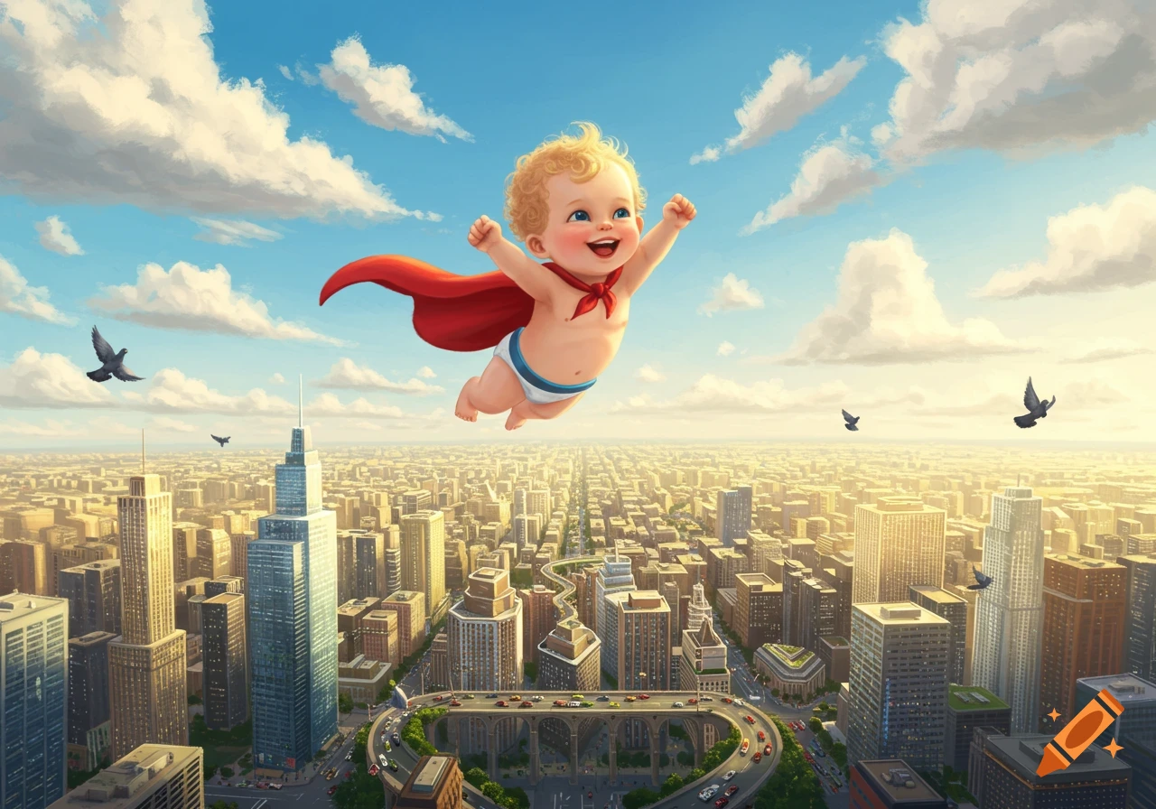 A cute, smiling baby wearing a red superhero cape and a diaper flies high above a sprawling city under a bright blue sky.