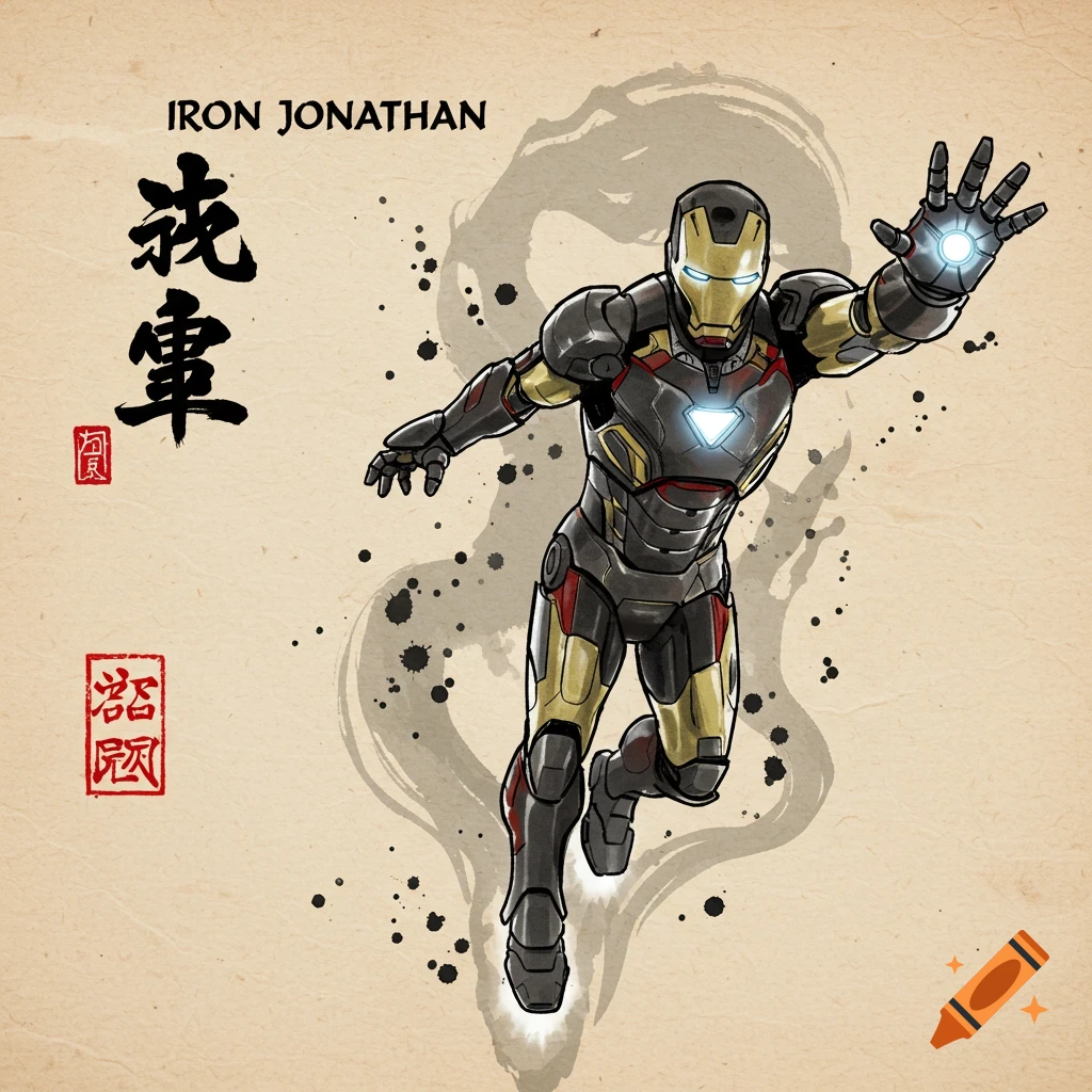 Stylized illustration of Iron Man in a black and gold suit flying, with Japanese ink wash elements and text.