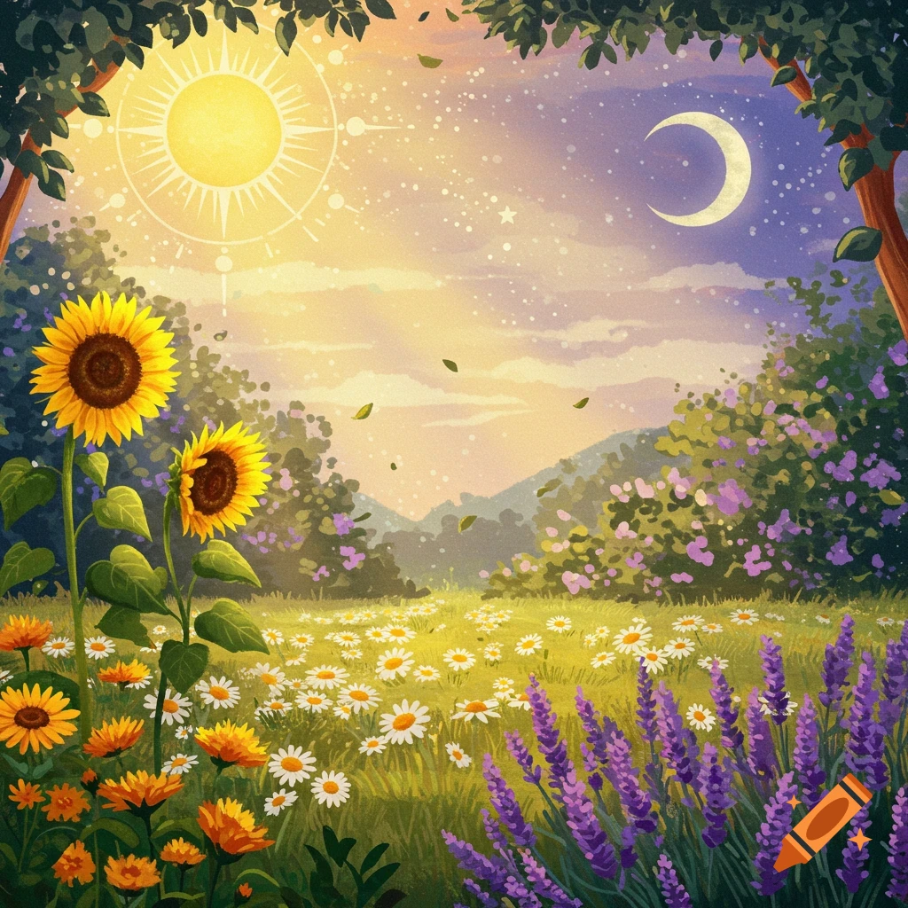 A vibrant meadow with sunflowers, daisies, and lavender under a sky depicting both a stylized sun and a crescent moon, framed by trees.