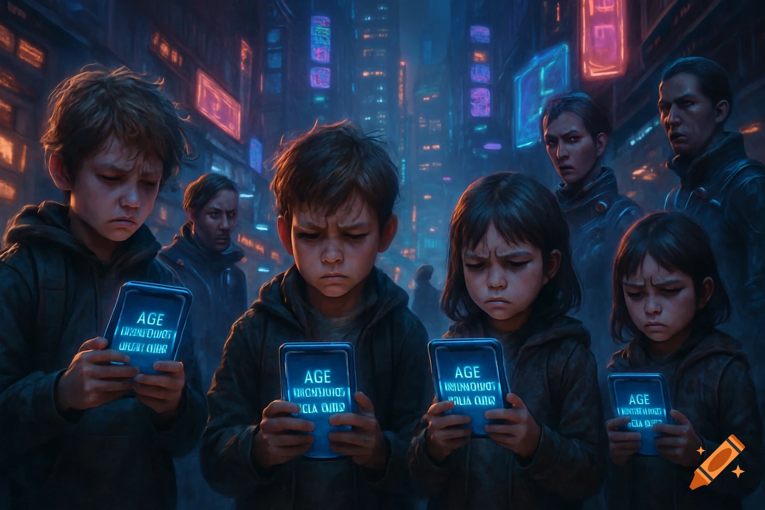Children with sad expressions look at phones displaying "AGE" and garbled text, surrounded by adults and neon-lit cyberpunk city buildings.