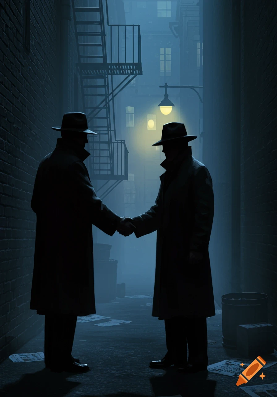 Two men in fedoras and trench coats shake hands in a dark, misty city alley under a streetlamp in a noir style.
