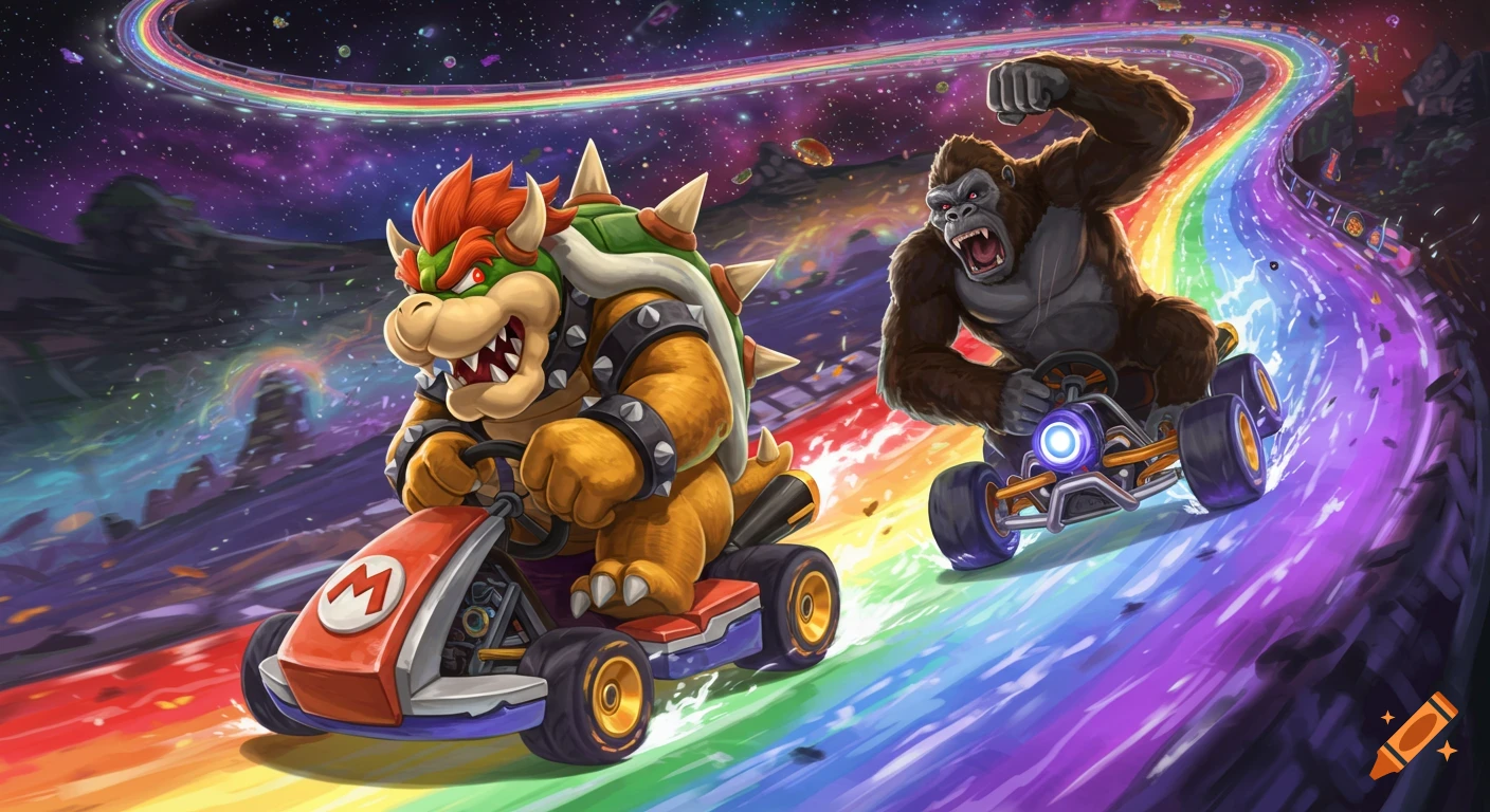 Bowser and Donkey Kong race their karts on the colorful Rainbow Road under a starry sky.