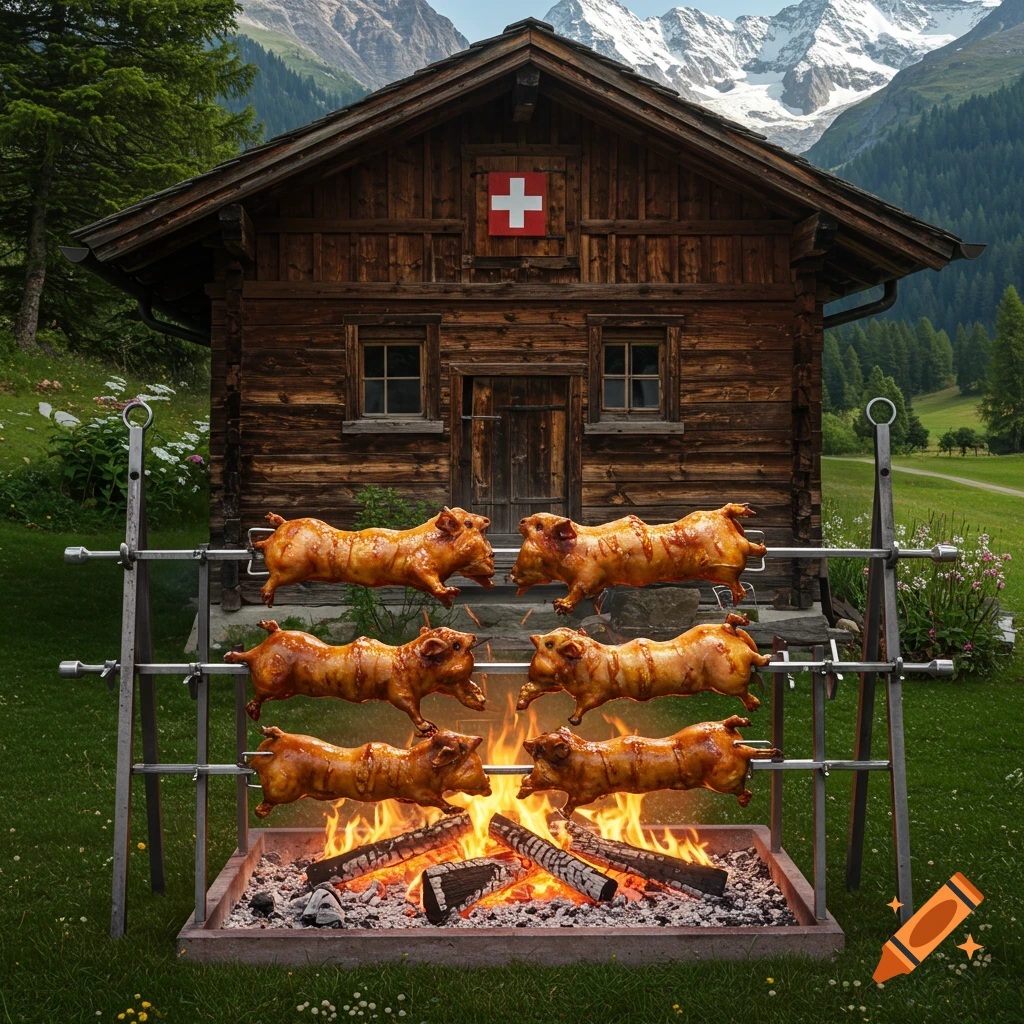 Six whole roasted pigs on a rotisserie grill in front of a rustic wooden Swiss chalet with snowy mountains in the background, photorealistic style.