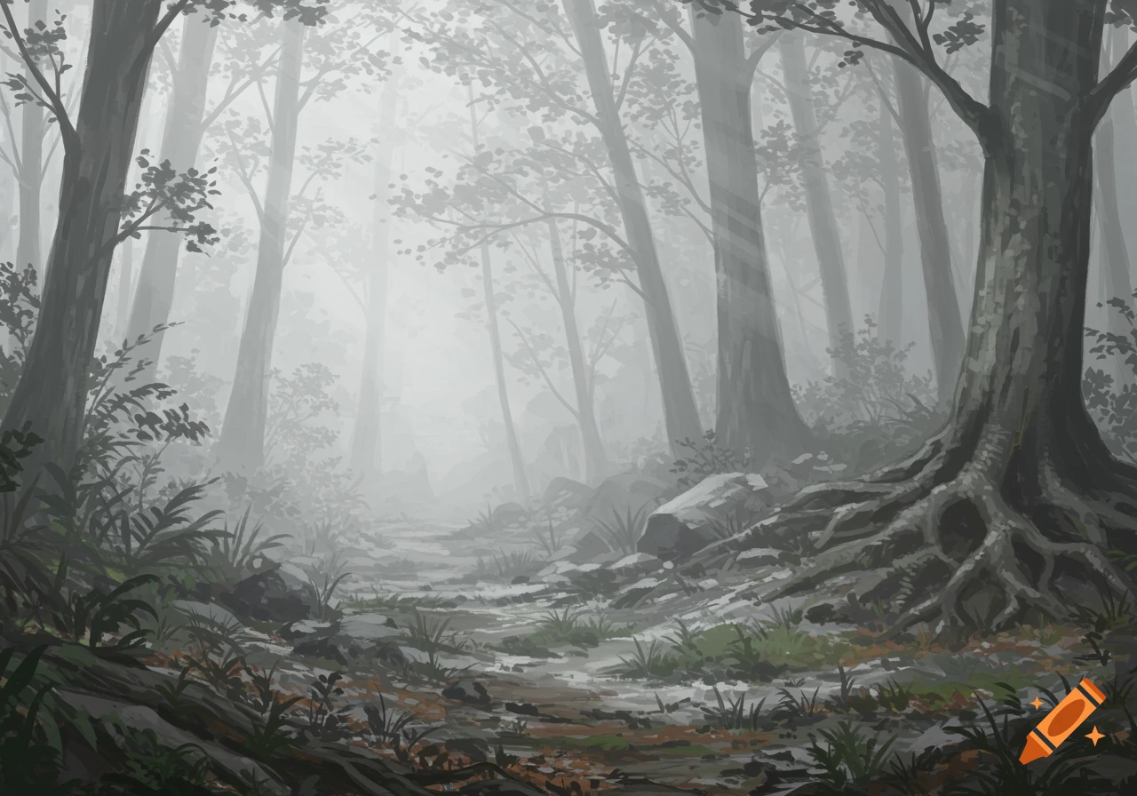 Misty forest path with tall trees and exposed roots, digital painting style.