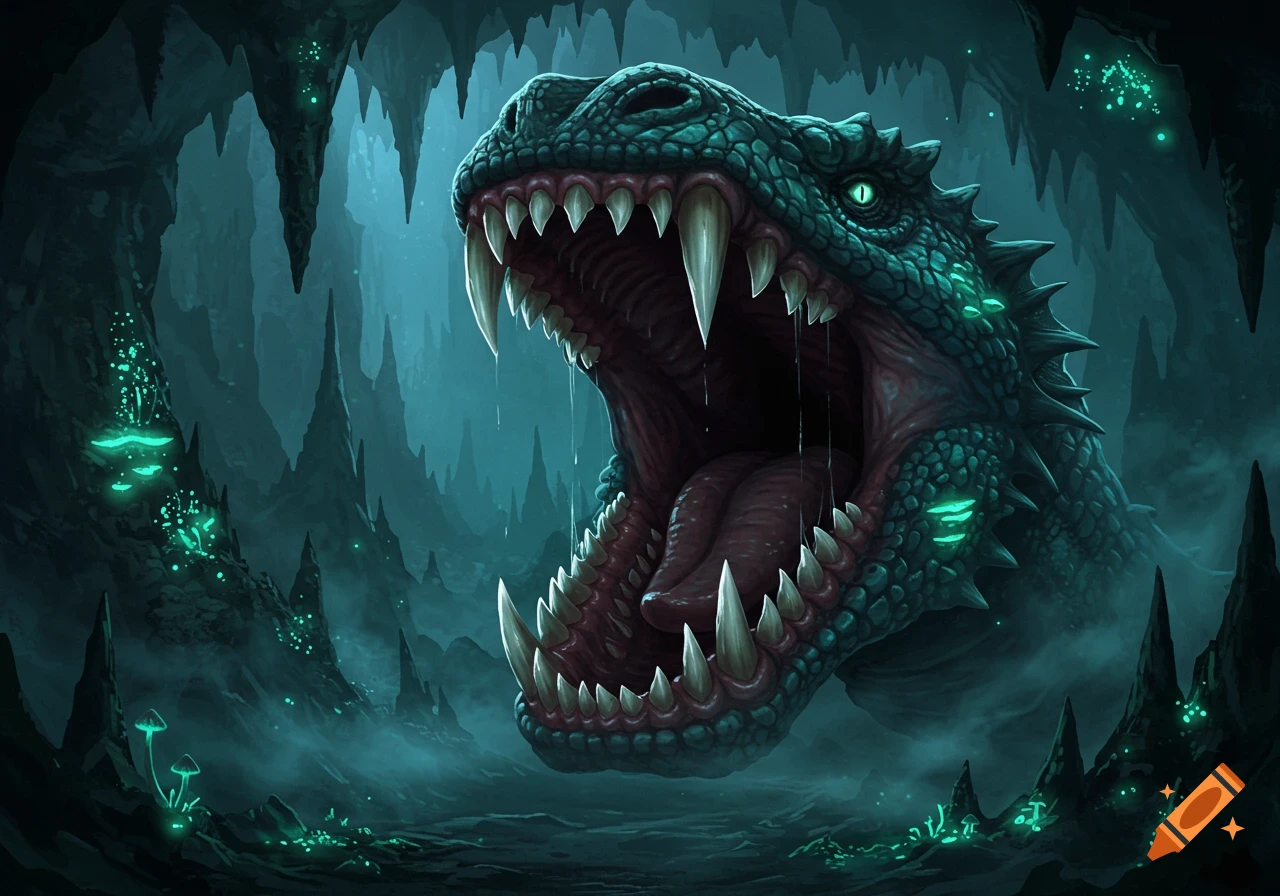 A monstrous, green-scaled creature with sharp needle teeth and a gaping maw emerges from a dark, glowing cave filled with bioluminescent fungi.