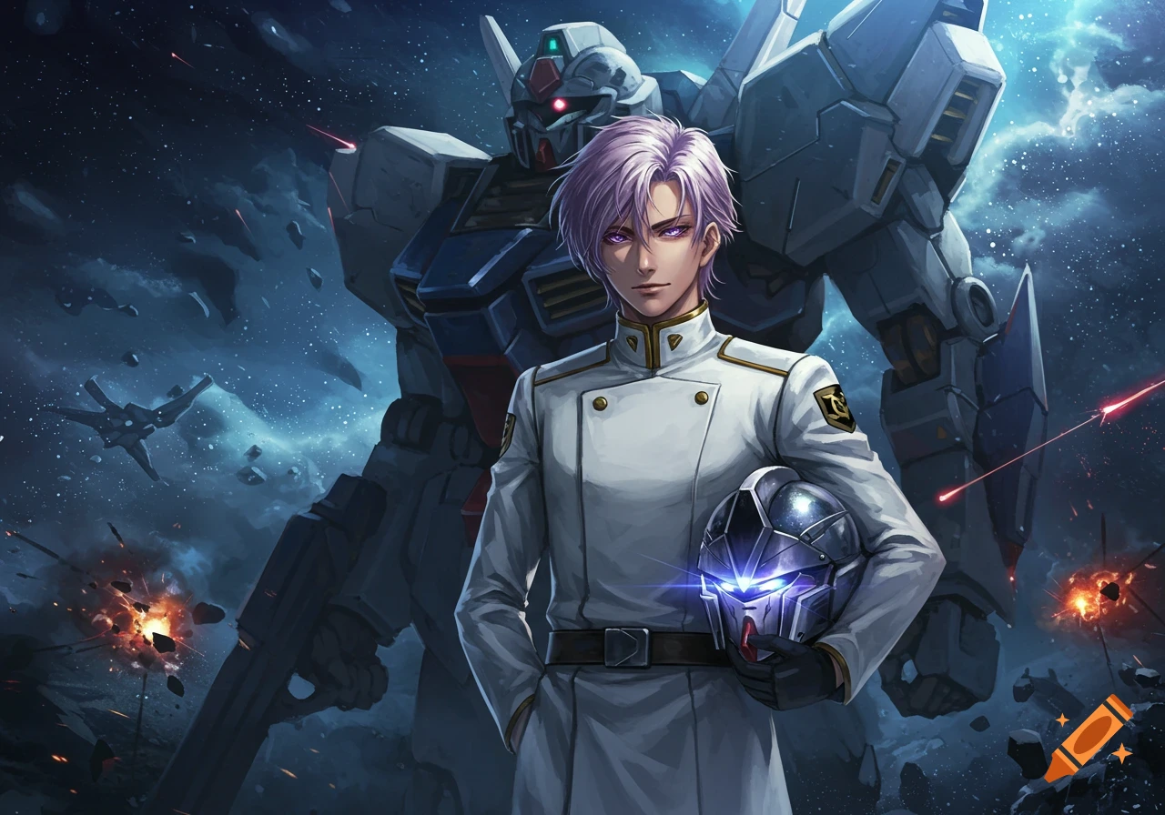 Anime character with purple hair in a white uniform holding a helmet, standing in front of a giant robot in space.
