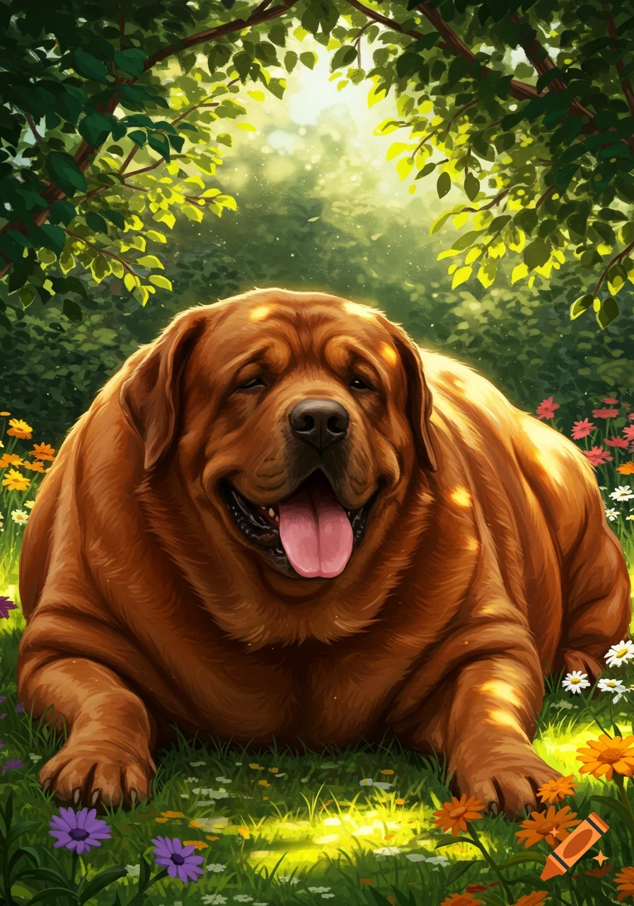 A very fat, happy brown dog lies in a sunlit field of colorful wildflowers under green trees, panting with its tongue out in a digital art style.