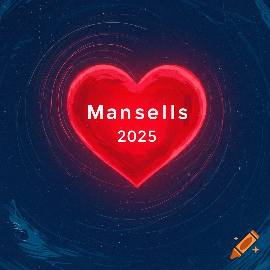 A vibrant red heart with the text 'Mansells 2025' in white, set against a dark blue abstract background with faint light trails.