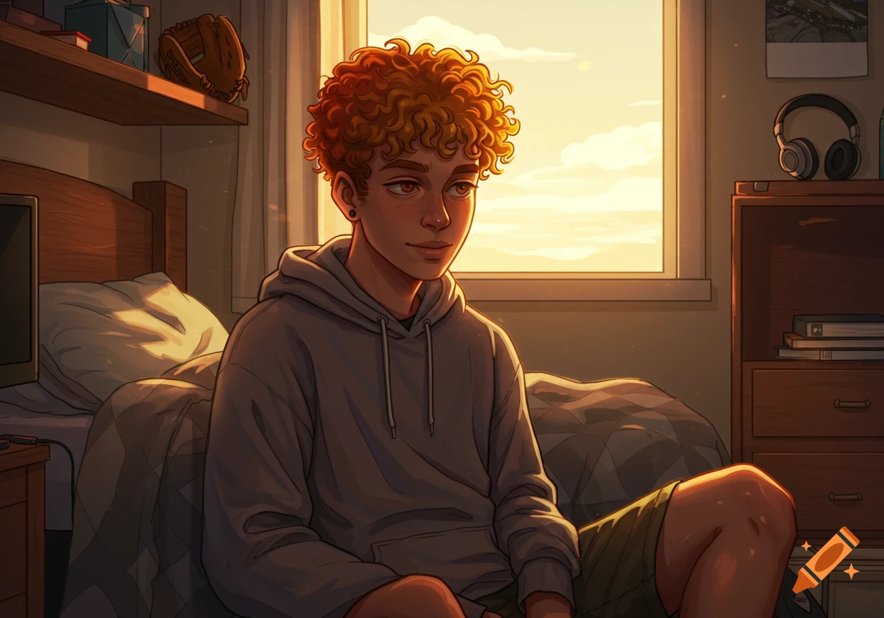 A young man with curly ginger hair and freckles sits in a sunlit bedroom, wearing a gray hoodie and shorts, looking right. A baseball glove and headphones are visible.