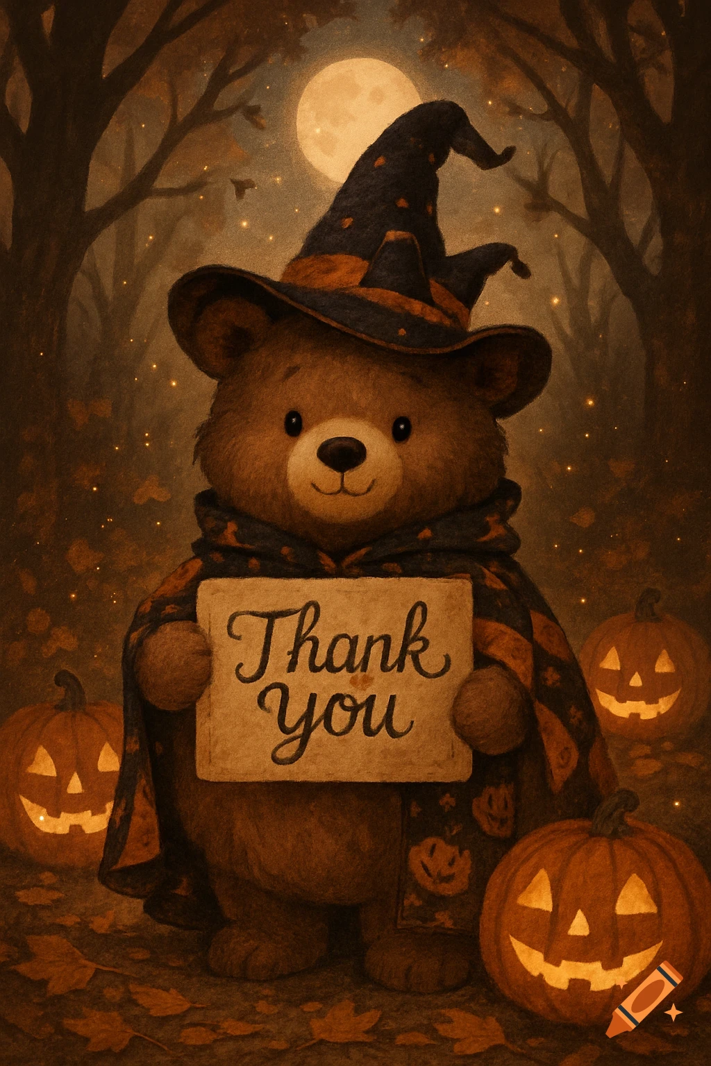 A cute Halloween bear in a witch hat and cape holds a 'Thank You' sign with jack-o'-lanterns in a spooky forest under a full moon.