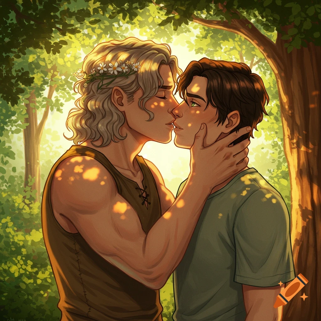 Illustrated scene of two men kissing tenderly in a sun-dappled forest.