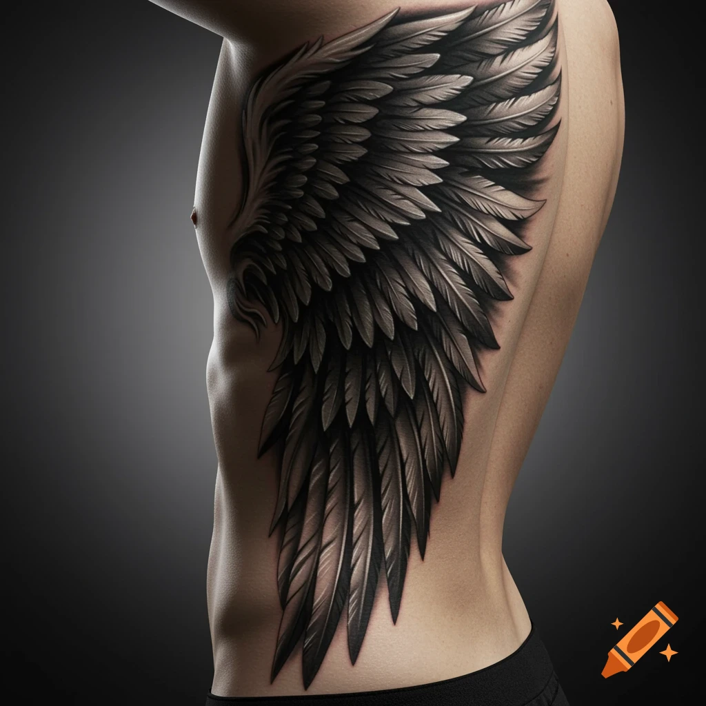 A photorealistic image of a detailed black angel wing tattoo on the left side of a person's torso.