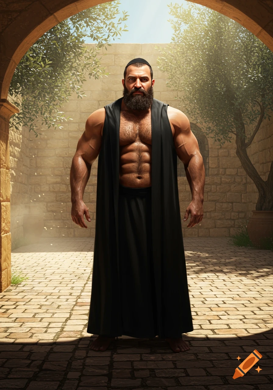 A very muscular man with a beard and kippah in a long black robe stands under an archway in a stone courtyard.