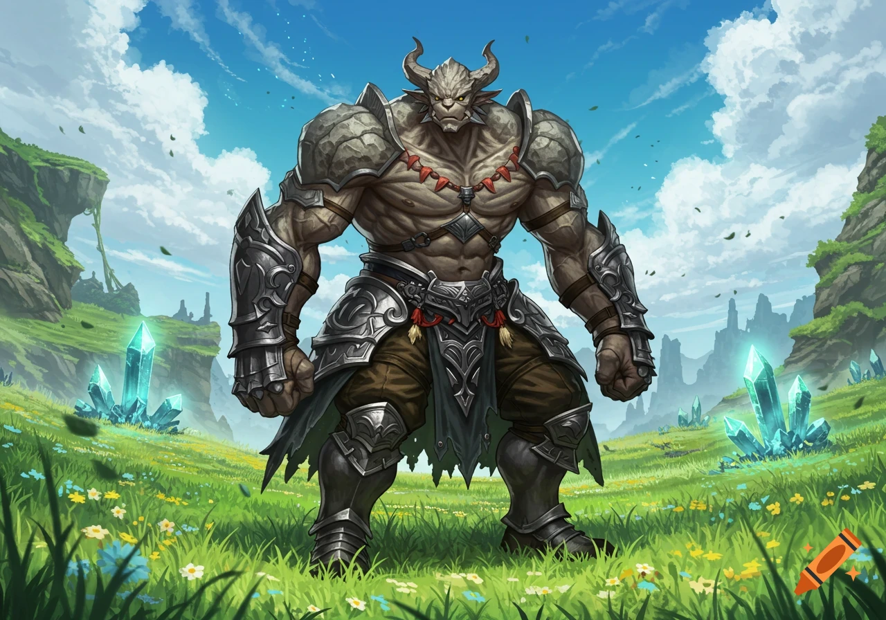 A muscular, armored bull-like fantasy creature stands in a vibrant green field with glowing blue crystals under a sunny sky.