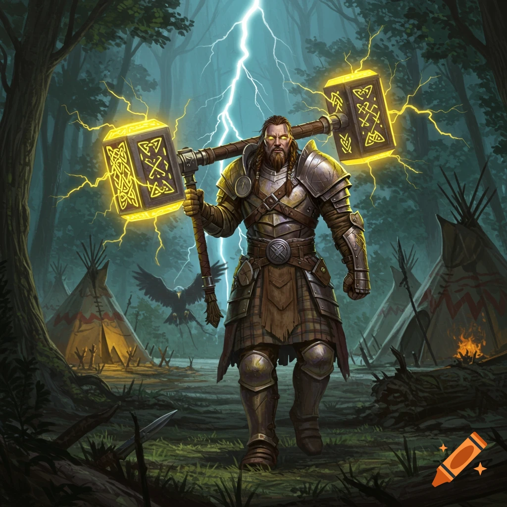 A heavily armored warrior, inspired by Scottish and Native American themes, wields a glowing, lightning-infused war hammer in a forest campsite under a stormy sky.