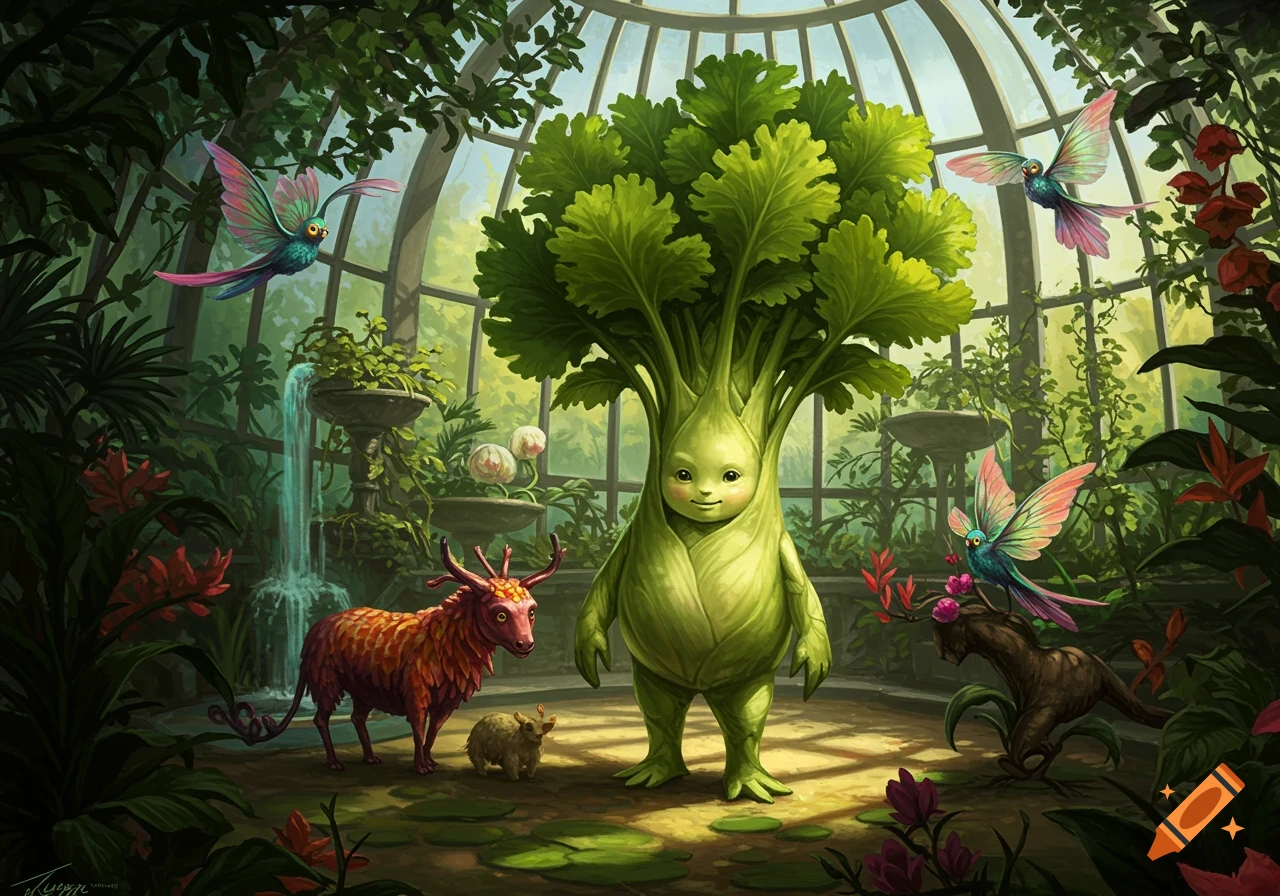 A friendly, green celeriac creature stands in a lush greenhouse with stylized animals and colorful birds flying around.