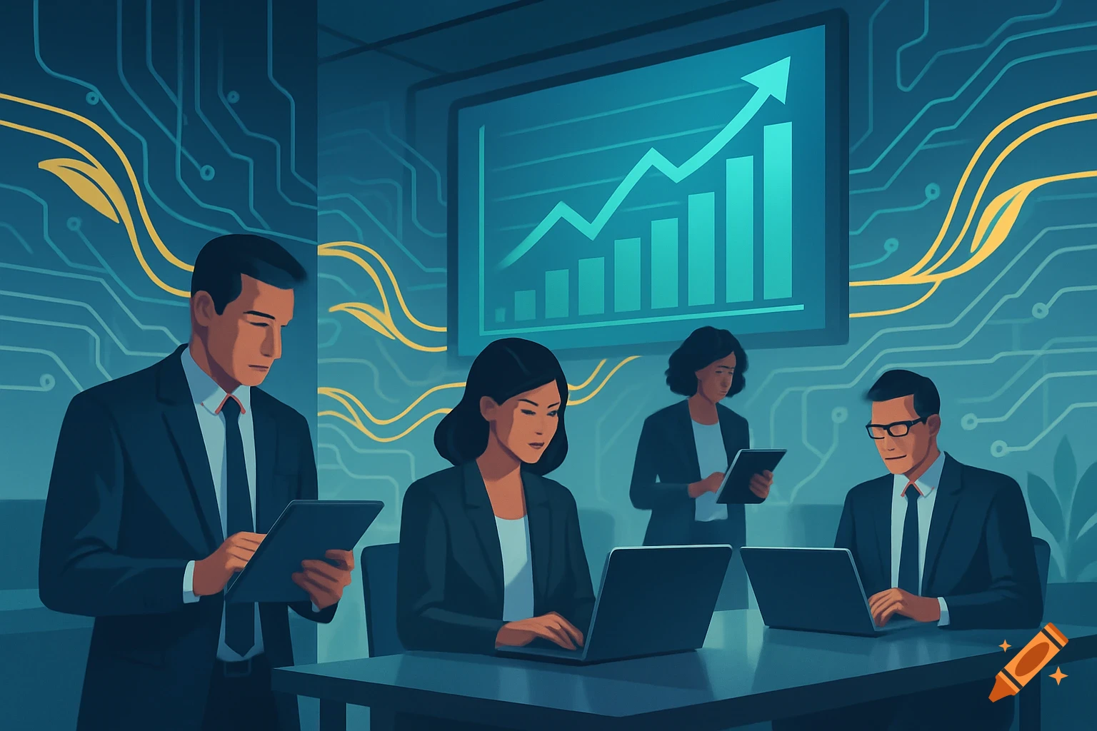 Stylized illustration of business people working in a high-tech meeting room with a growth chart on a screen.