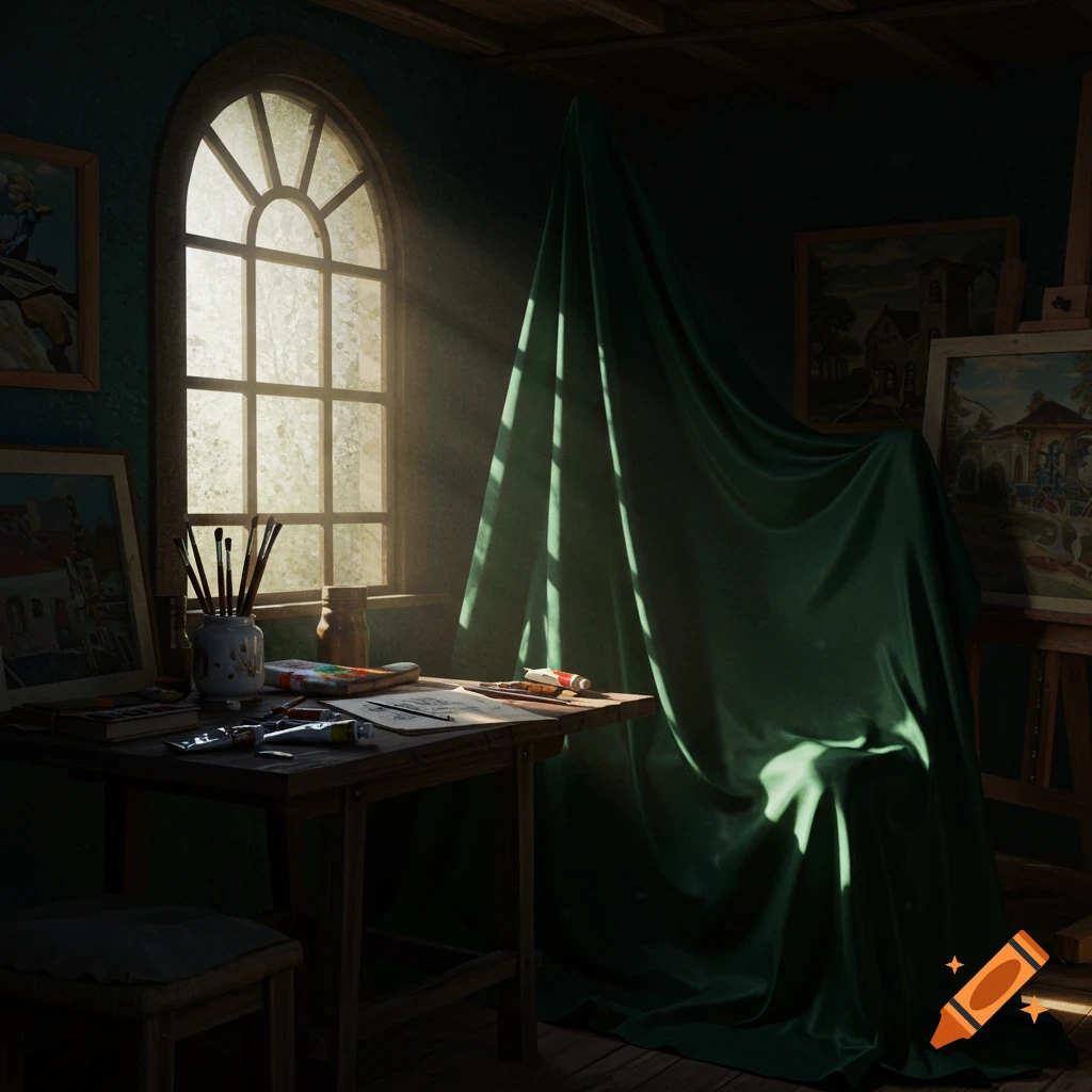 Dimly lit artist's studio with sunlight streaming through an arched window onto a desk with paints and a draped easel.