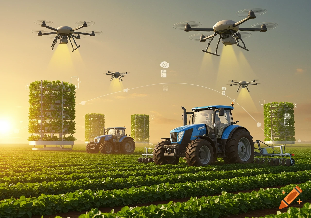 Futuristic farm with drones spraying crops, autonomous tractors, and vertical farms under a sunset sky.