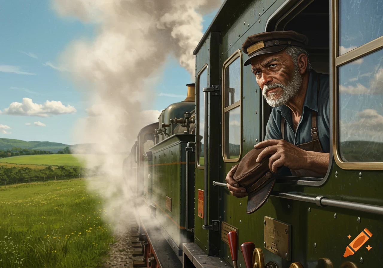 A grizzled locomotive engineer with a white beard looks out the window of a green steam train as it travels through a green, grassy landscape with smoke billowing.