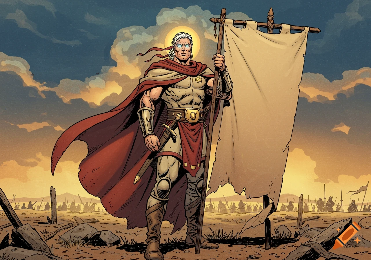 Comic book style illustration of a warrior holding a large empty flag on a battlefield at sunset.