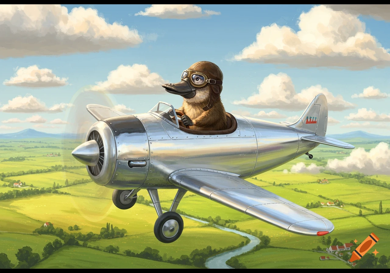 An illustrated platypus in a pilot's helmet and goggles flies a silver plane over a green landscape.