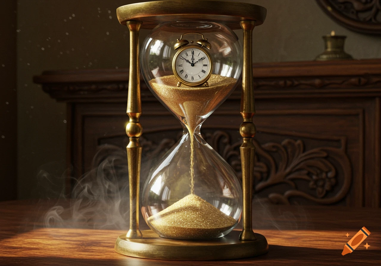 A photorealistic image of a golden hourglass on a wooden table. An antique alarm clock is inside the top glass bulb, partially submerged in flowing golden sand. Smoke billows around the base.