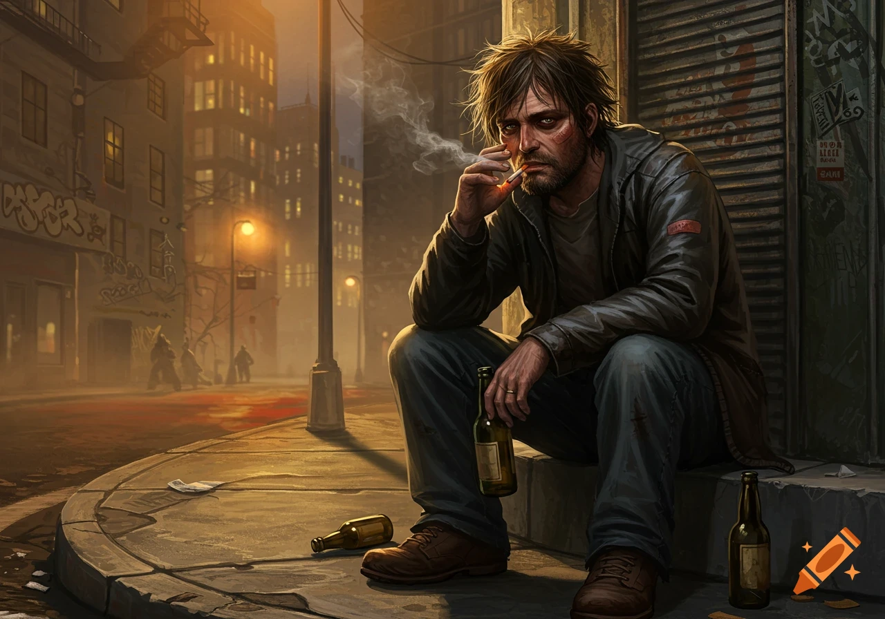 A disheveled man with a cigarette and beer bottle sits on a sidewalk in a gritty, illuminated city street at night, looking despondent. Photorealistic style.