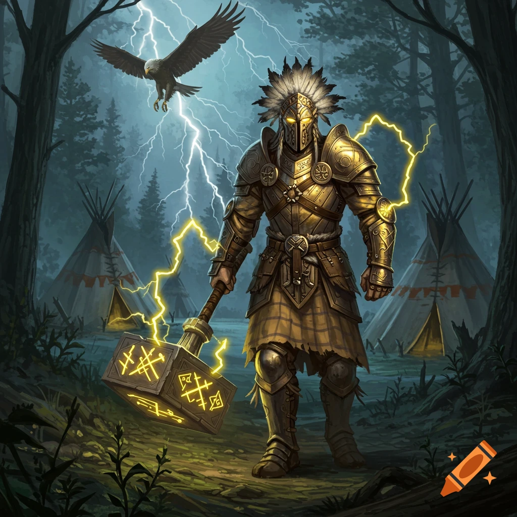 A Scottish-Cherokee knight in golden armor with a feathered war bonnet holds a glowing hammer in a stormy forest with teepees, an eagle flying overhead.