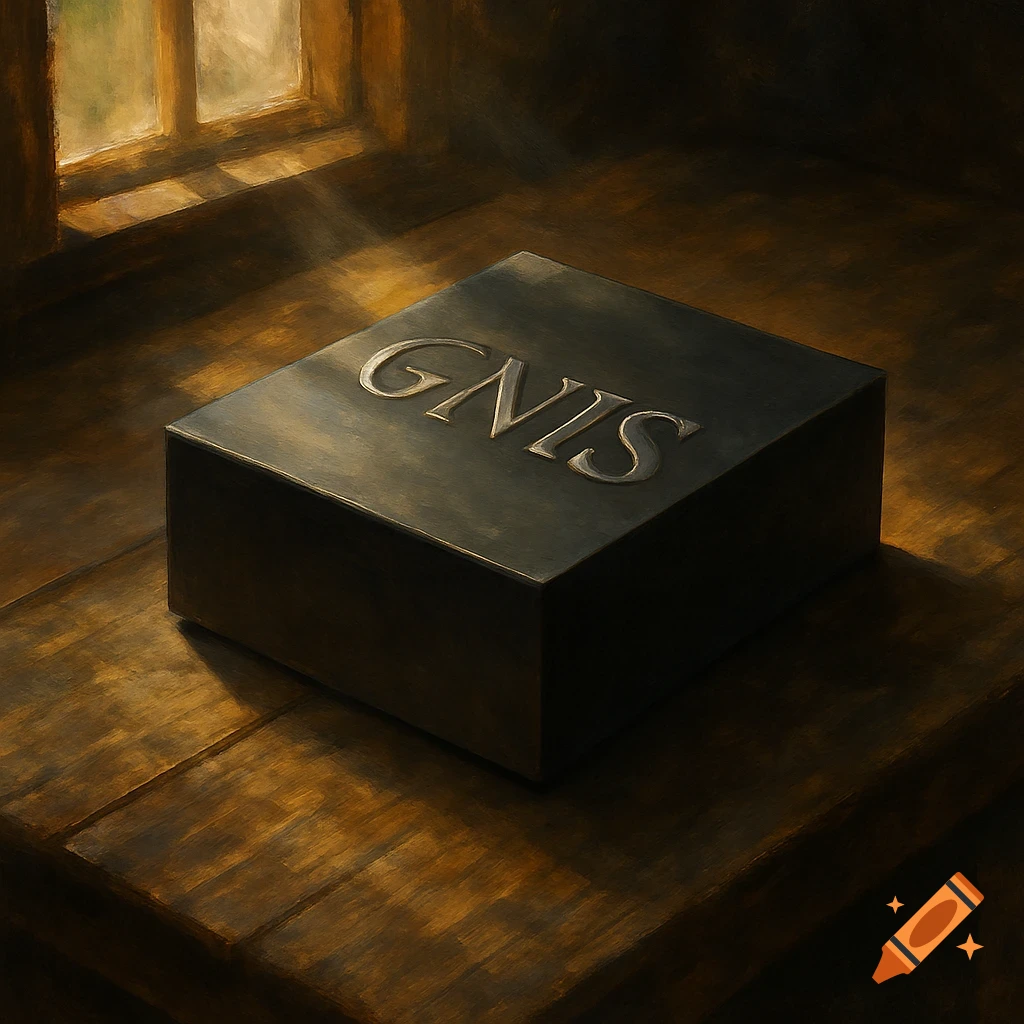 A dark, rectangular box with the word 'GNIS' embossed on top, rests on a wooden table, lit by light from a window in a painterly style.