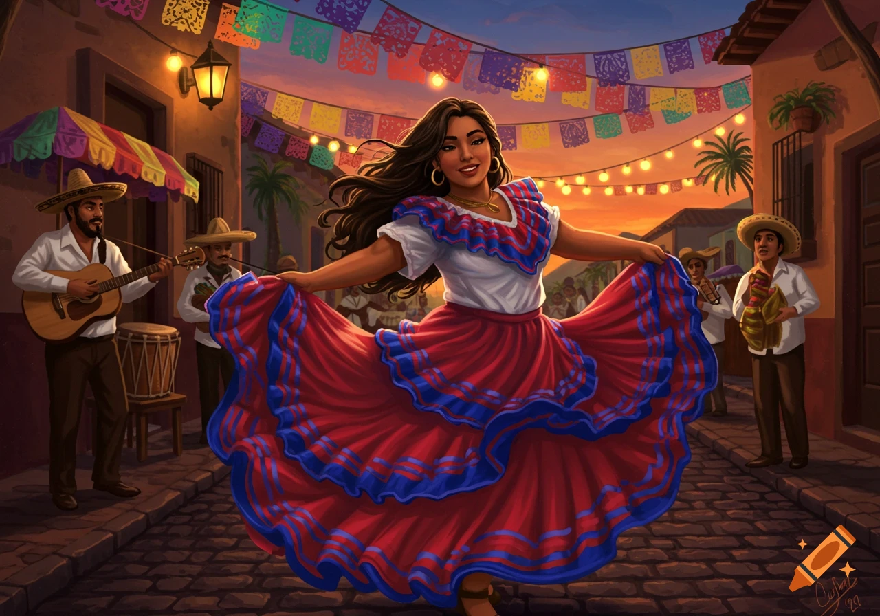 A woman in a red and blue traditional dress dances in a festive street scene with musicians and papel picado banners.