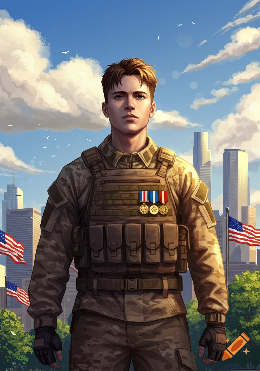 A young man in military uniform with medals, standing in front of a city skyline with American flags, in a digital art style.