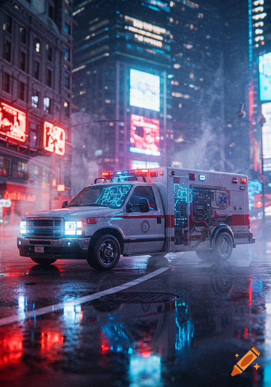 A futuristic white ambulance with glowing blue and red internal components visible on its side drives on a wet city street at night, reflecting neon lights from surrounding buildings, in a photorealistic cyberpunk style.